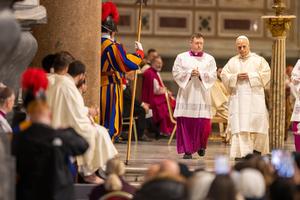 Pope Leo XIV walks through the Basilica of St. John Lateran during the Mass of the Lord’s Supper, Thursday, April 2, 2026. 