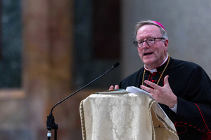 Bishop Robert Barron delivers the keynote address at the Jubilee of Youth’s National U.S. Pilgrim Gathering on July 30, 2025, at the Basilica of St. Paul Outside the Walls in Rome. 