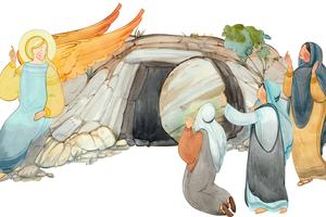 An angel speaks about the resurrection of Jesus to the women  at the open tomb of the Lord.