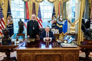 Archbishop Paul Coakley of Oklahoma City, president of the U.S. Conference of Catholic Bishops, meets with President Donald Trump at the White House on Jan. 12, 2026. 