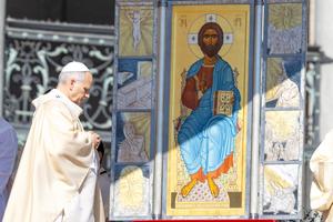 Pope Leo prays during Mass at St. Peter’s Square on Easter Sunday, April 5, 2026.
