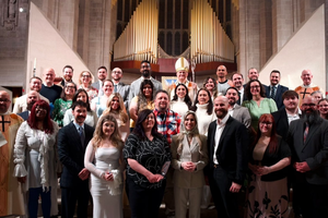 Archbishop Edward Weisenburger of Detroit with candidates and catechumens who entered the Catholic Church at the Cathedral of the Most Blessed Sacrament during the Easter Vigil on April 4, 2026. 