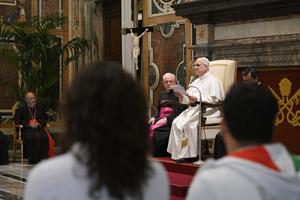 Pope Leo XIV addresses athletes of the Milan-Cortina 2026 Olympic and Paralympic Games at the Vatican on April 9, 2026.