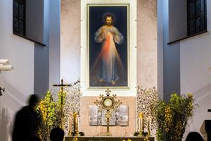 Faithful adore Christ in the Blessed Sacrament in view of the original image of Divine Mercy at the Vilnius Divine Mercy Shrine.
