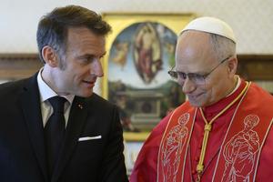 Pope Leo XIV speaks with French President Emmanuel Macron on April 10, 2026.