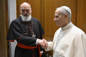 Cardinal Dominique Mathieu, archbishop of Tehran-Isfahan, meets with Pope Leo XIV on March 11, 2026, after witnessing the first days of military clashes in the Iranian capital. 