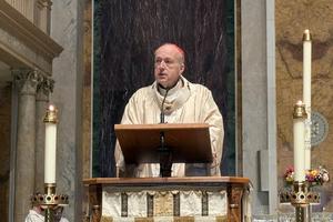 Cardinal Robert McElroy delivers the homily at the vigil Mass for peace at the Cathedral of St. Matthew the Apostle, Washington, D.C., Saturday, April 11, 2026.  