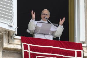 Pope Leo speaks to the faithful gathered for the  Sunday Regina Caeli on April 12, 2026.