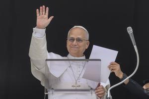 Pope Leo XIV greets the faithful in St. Peter’s Square at the Vatican, Sunday, April 12, 2026. 