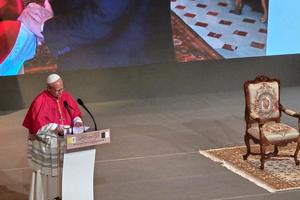 Pope Leo XIV addresses diplomats in Algiers, Algeria, on April 13, 2026.