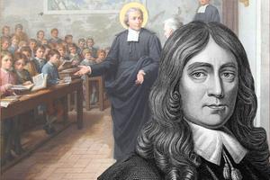 O. Cook, “John Milton (1608-1674),” engraving from the 1800s. Background: St. Jean-Baptiste de La Salle, the patron saint of teachers, visits a school in Paris on Rue Princesse, after a work by Giovanni Gagliardi (1838–1924) created in 1901.