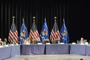 Center, left to right: Heather Rice-Minus, Sister of Life Mary Elizabeth, Oriel Ekşi, and Rabbi Aaron Lipskar discuss faith-based ministries at the Religious Liberty Commission meeting in Washington, D.C., on April 13, 2026.