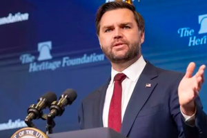 Vice President JD Vance speaks at a film-screening event April 1, 2025, at the Heritage Foundation in Washington, D.C. 