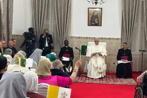 Pope Leo XIV at the “Ma Maison” care home for the elderly in Annaba, Algeria, on April 14, 2026. 