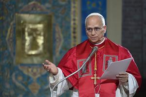 Pope Leo XIV speaks at the Basilica of Our Lady of Africa in Algiers, Algeria, Monday, April 13, 2026. 