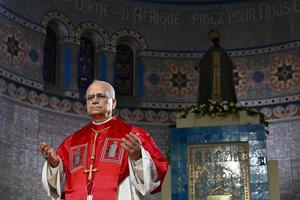 Pope Leo XIV speaks at the Basilica of Our Lady of Africa in Algiers, Algeria, Monday, April 13, 2026. 