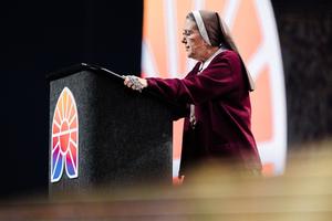 Mother Adela Galindo addresses the faithful gathered at the National Eucharistic Congress on July 21, 2024. 