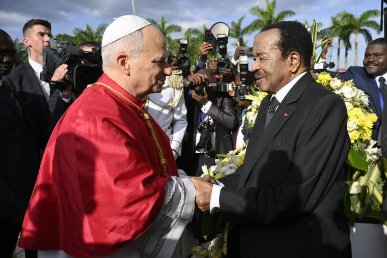 Pope Leo XIV is welcomed to Cameroon by President Paul Biya on April 15, 2026.