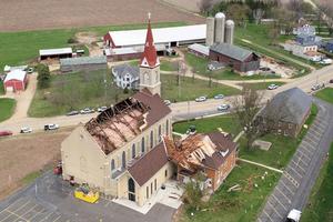 St. Joseph Catholic Church in East Bristol, Wisconsin, is seen with its roof largely destroyed after severe thunderstorms came through the area Tuesday, April 14, 2026. 
