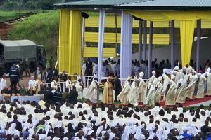 Pope Leo XIV arrives at Bamenda Airport, Cameroon, to celebrate Mass on April 16, 2026. 