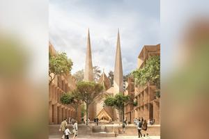 A rendering shows the proposed Cathedral Precinct at Waitara on Sydney’s upper north shore, with twin sandstone-clad spires rising above the public forecourt, on April 14, 2026.