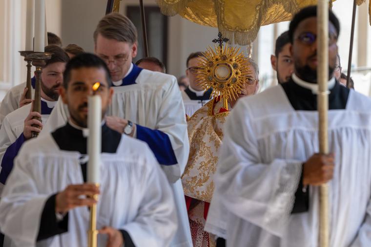 Cardinal Dominique Mamberti, prefect of the Apostolic Signatura, leads a Eucharistic procession at the Pontifical University of St. Thomas Aquinas in Rome on April 16, 2026.