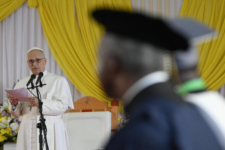 Pope Leo XIV addresses students, faculty, and others during a visit to the Catholic Academic Institution of Central Africa (UCAC) in Yaoundé, Cameroon, on April 17, 2026.