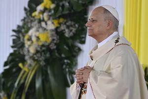 Pope Leo prays during Holy Mass at Japoma Stadium in Douala, Cameroon, on April 17, 2026.