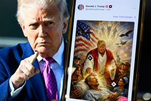 This photo illustration shows President Donald Trump with an AI-generated image he posted Sunday on Truth Social following his criticism of Pope Leo XIV.
