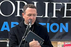 Bishop Andrew Cozzens of the Diocese of Crookston speaks at the closing of a 40 Days for Life campaign in Moorhead, Minnesota, on March 29.