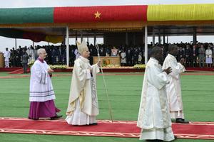 Pope Leo at Holy Mass at Yaoundé-Ville Airport in the capital of Cameroon on April 18, 2026.