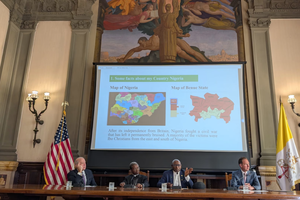 Left to right: Steven Wagner, Archbishop Fortunatus Nwachukwu, Father Moses Iorapuu, and Ambassador Brian Burch speak at a conference on religious persecution in Nigeria on April 17, 2026, in Rome.
