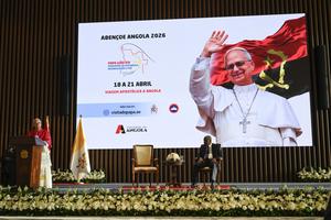 Pope Leo XIV speaks at the Presidential Palace in Luanda, Angola, on April 18, 2026. President João Manuel Gonçalves Lourenço was in attendance, along with other dignitaries.
