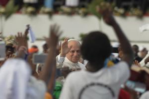 Pope Leo arrives at the Mama Muxima shrine in Kimbaxe, Angola, on April 19, 2026.
