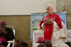 Pope Leo XIV addresses bishops, priests, religious and catechists at the Parish of Our Lady of Fátima in Luanda, Angola, on April 20, 2026. 