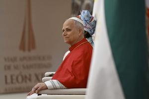 Pope Leo XIV listens during a meeting with civil leaders at Malabo, Equatorial Guinea, on Tuesday, April 21, 2026. 
