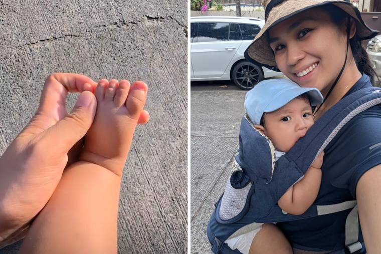 L to R: Laika Ordoñez prays 'Toesary' and holds her son.