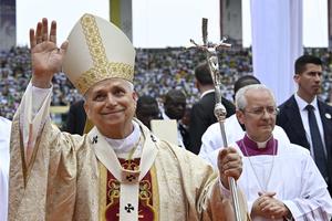 Pope Leo XIV greets the faithful during Mass at Malabo Stadium in Equatorial Guinea, Thursday, April 23, 2026. 