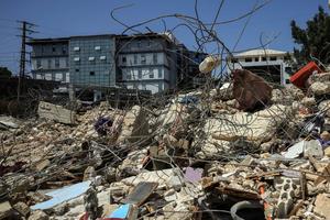 Rubble and debris are seen scattered in the aftermath of air strikes near a hospital area, in Tyre, Lebanon, Feb. 10, 2026.