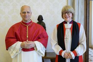 Pope Leo XIV meets Archbishop of Canterbury Sarah Mullally at the Vatican on April 27.