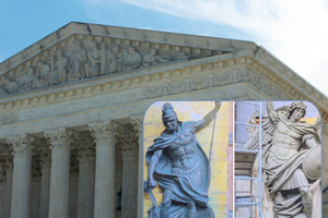 Inset: (L-R) Statues of St. Florian and St. Michael are currently barred from appearing on the new public-safety building of Quincy, Massachusetts. The case has the potential to reach the U.S. Supreme Court.