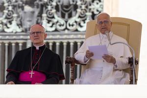 Pope Leo XIV delivers remarks during his weekly general audience in St. Peter's Square on April 29, 2026. 