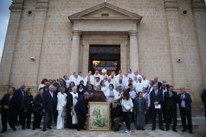 Bishops of the European Union pose with members of the Maronite community of Kormakitis on the steps of St. George’s co-cathedral after Mass for the feast of St. George in the Turkish-controlled north of Cyprus on April 23, 2026.