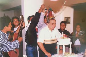 Father Robert Prevost celebrates his birthday with fellow Augustinians during his 11-year assignment in Trujillo, Peru (1988-1999). The photo is on display in the Pope’s old room at the Augustinian house of formation he once led. 