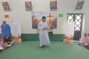 Father Obaid Matthias addresses an April 30, 2026, Bible study session at St. Francis Catholic Church in Kamalpur village, Punjab Province, Pakistan. |