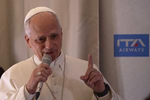 Pope Leo speaks aboard the papal plane April 23, 2026.