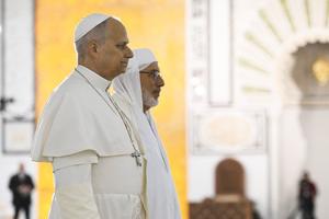 Pope Leo XIV stands with Rector Mohamed Mamoun Al Qasimi at the Great Mosque in Algiers on April 13.