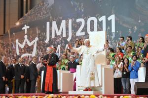Pope Benedict XVI addresses volunteers of World Youth Day 2011 in Madrid, Spain, Aug. 21, 2011. 