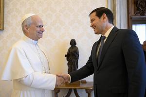 Pope Leo XIV meets U.S. Secretary of State Marco Rubio in the papal library in the Apostolic Palace on May 19, 2025. 