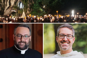 Top: Faithful pray at the Shrine of Our Lady of Lourdes. Bottom: (L-R) Father Michael Duffy is pastor of St. Agnes Cathedral and former pastor of Our Lady of Lourdes Parish in the Diocese of Rockville Centre, New York. Dominican Father Joseph-Anthony Kress serves as promoter of the Holy Rosary for the Province of St. Joseph.